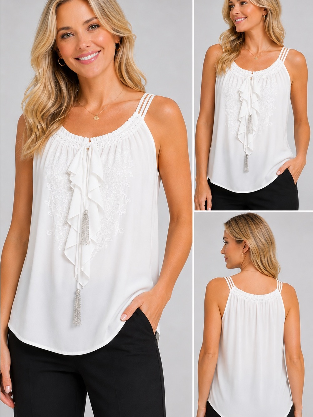 White House Black Market Embroidered Tassel Sleeveless Blouse White XL